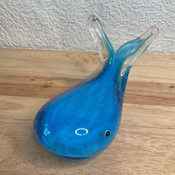 Vintage Murano Style Blue Hand Blown Art Glass Paperweight Blue Whale Figurine - Picture 7 of 11